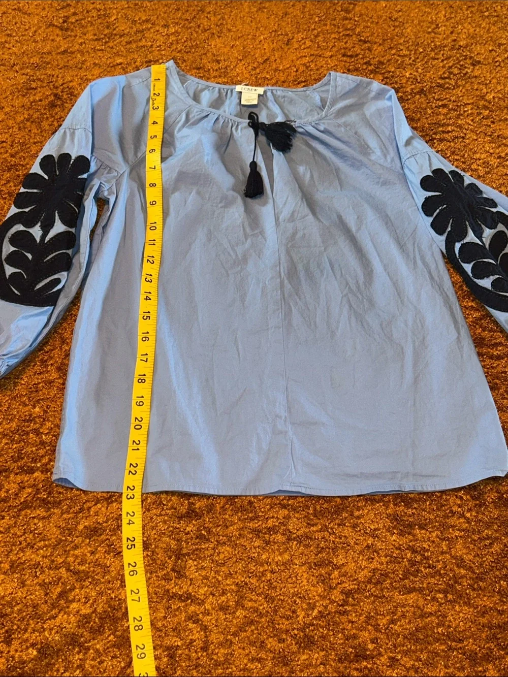 J. Crew Light Blue Blouse with Navy Sleeve Embroidery